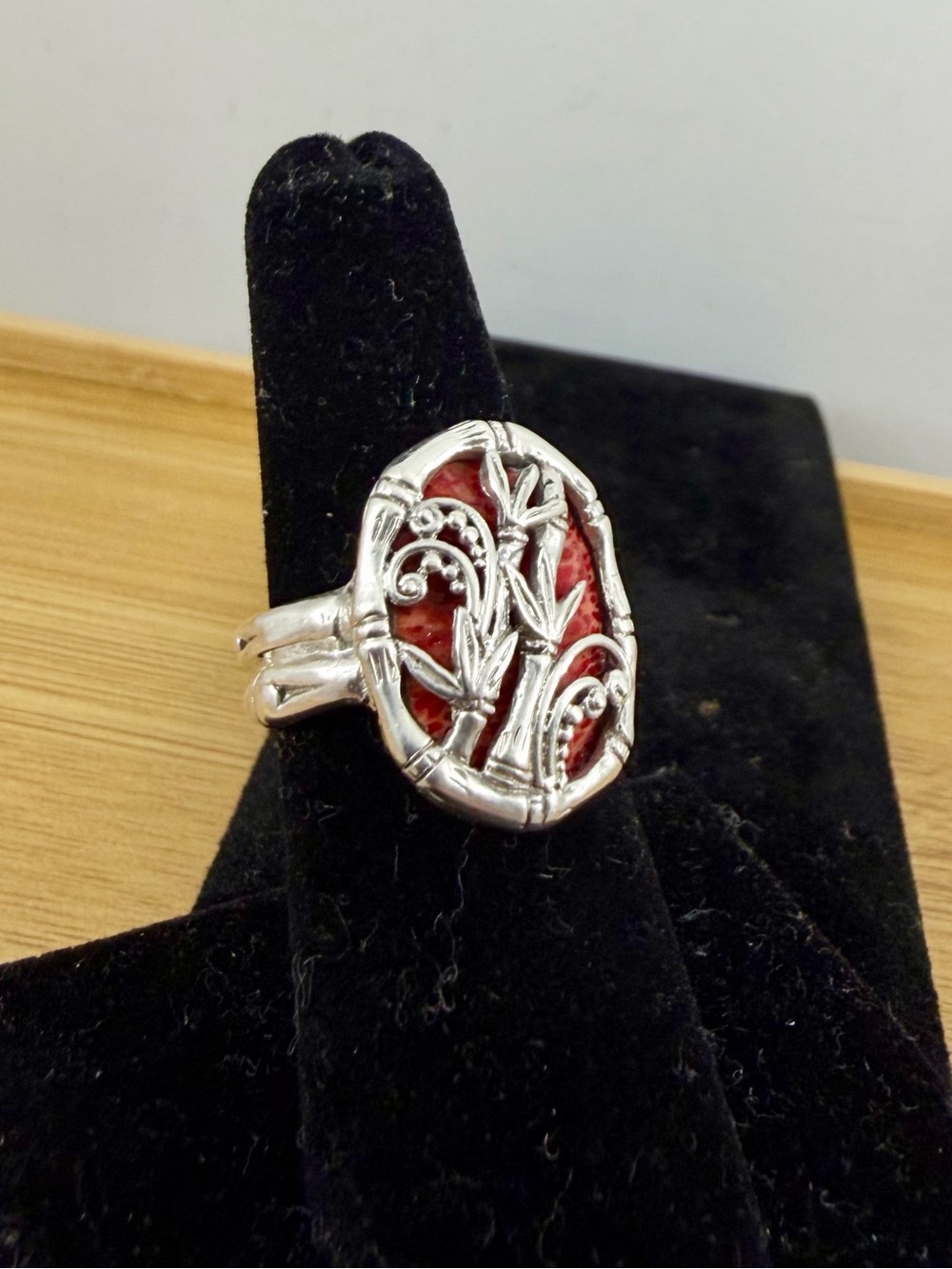 SARDA Bali Sterling Silver Red Coral Bamboo Ring; SIZE 6